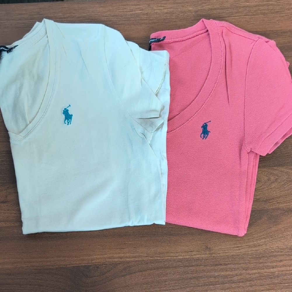 Ralph Lauren Womens Pink and White V-Neck Tees Size XS